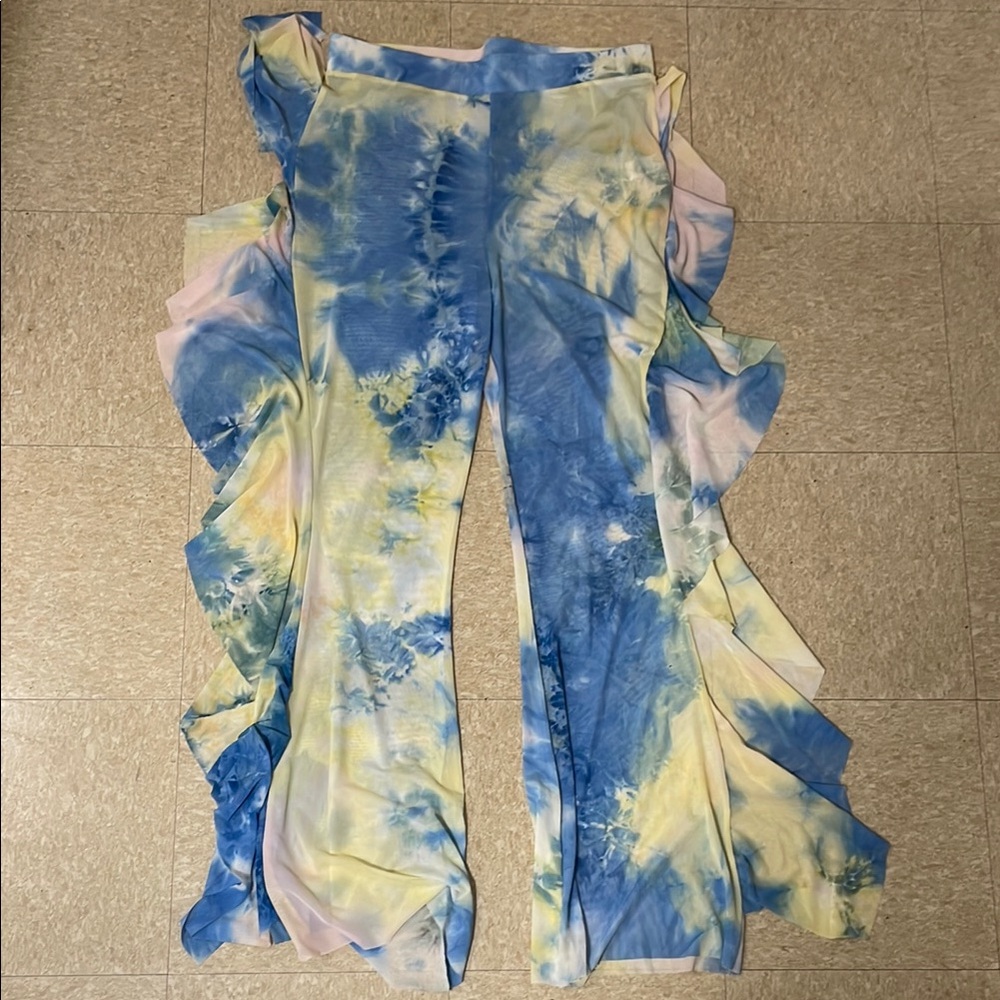 Artistic Sheer Blue and Yellow Boot Cut swim cover with Flare pants